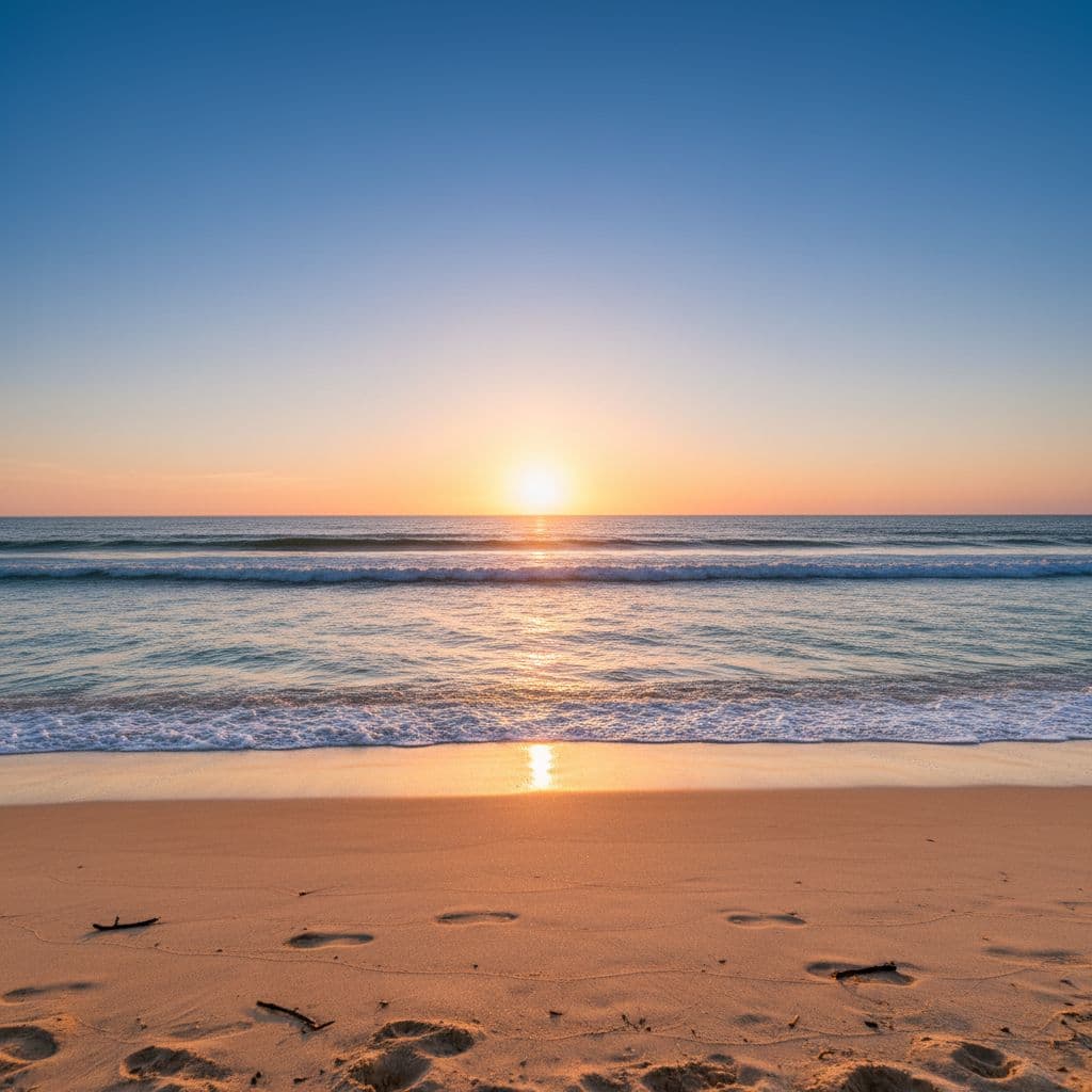 A tranquil golden beach meets turquoise ocean waters under a clear sunset sky.
