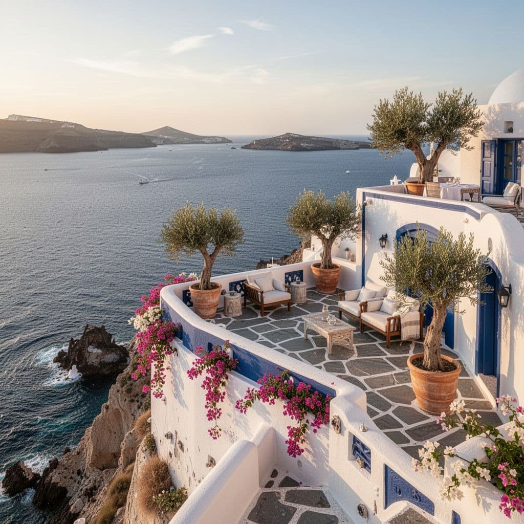 A serene seaside terrace in Greece offering stunning ocean views with traditional white architecture and comfortable outdoor seating.