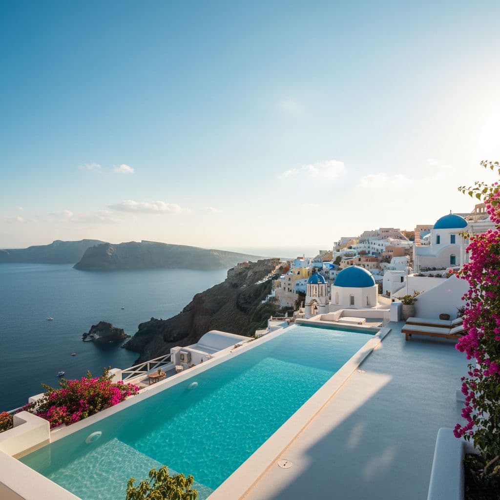 Greek island with white buildings and blue sea