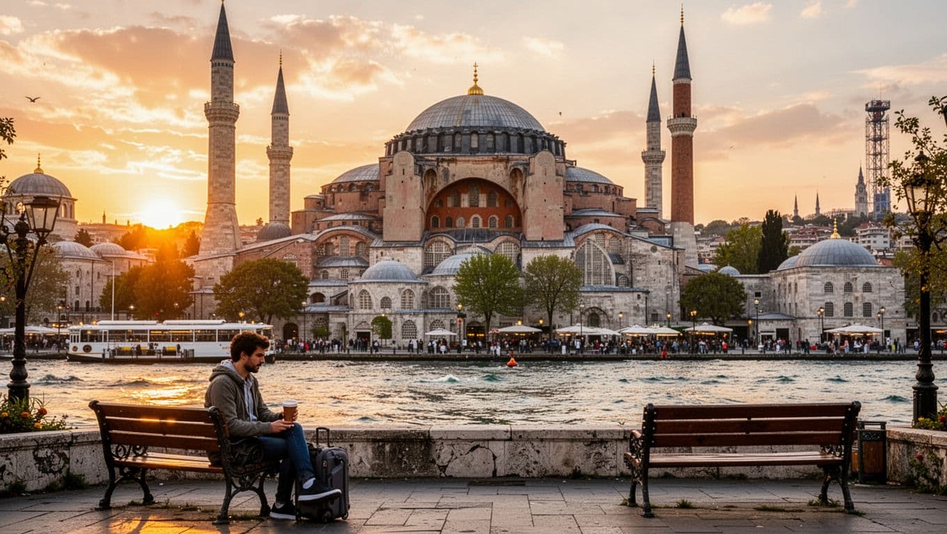 Traveler enjoying sunset view of Hagia Sophia and Bosphorus Strait in Istanbul