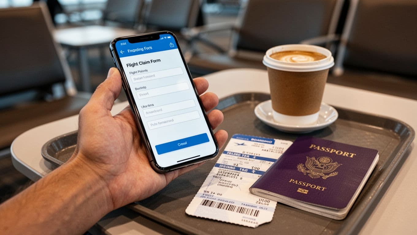 Close-up of a relaxed hand holding a smartphone displaying an abstract flight claim form app interface, resting on a boarding pass and passport next to a coffee cup on an airport tray table with blurred lounge background.