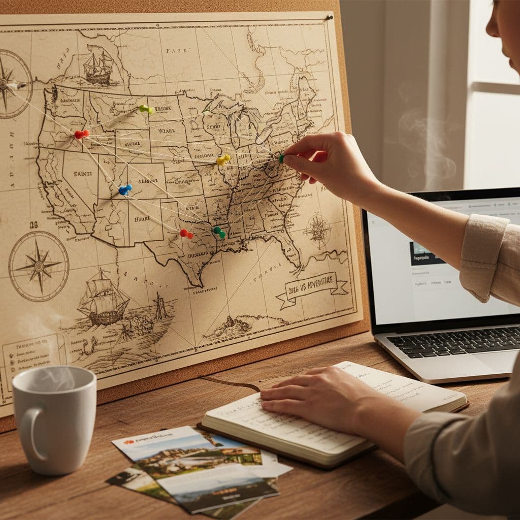 Hands placing pins across U.S. cities for a 2026 Expedia itinerary