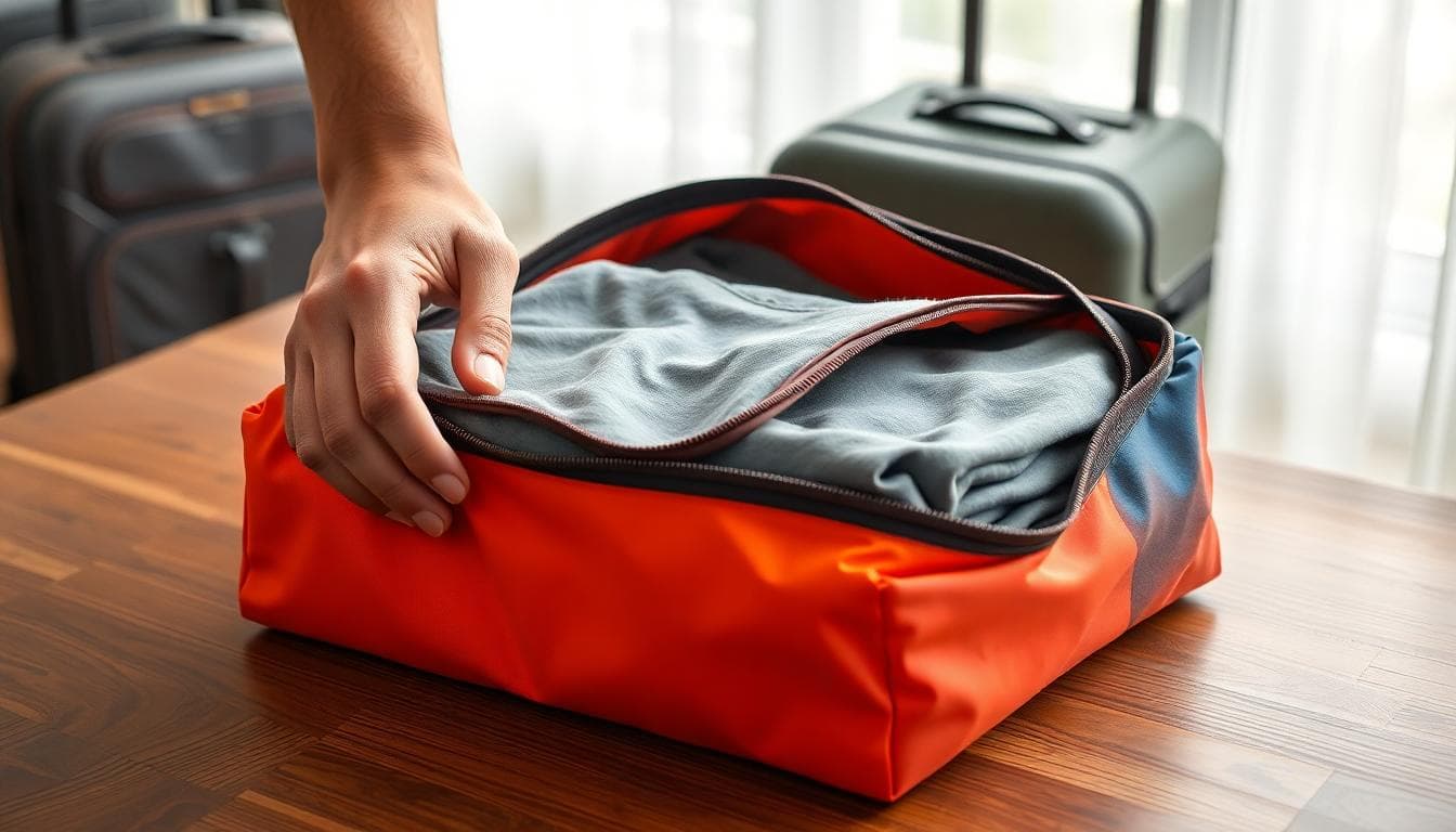 Close-up of hands rolling a t-shirt inside a colorful packing cube with a compression zipper half-closed.