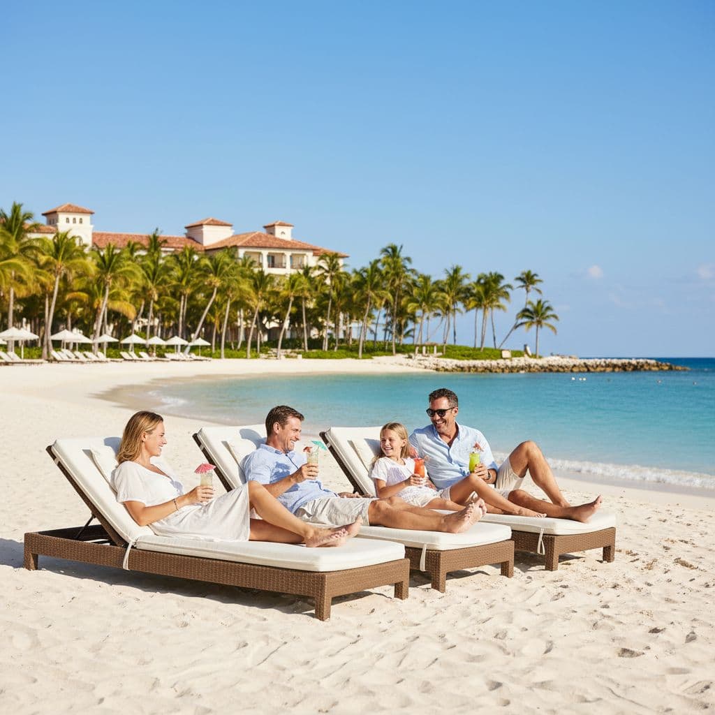 A happy family of four lounges on comfortable beach chairs under swaying palm trees with sparkling blue Caribbean ocean in the background.