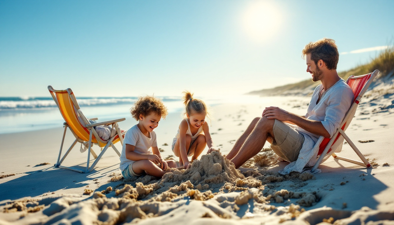 A happy family building a sandcastle on the sun-kissed Outer Banks beach, embodying affordable family beach vacation 2025. Image created with AI.