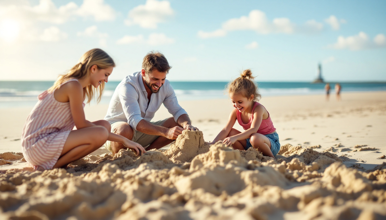 A happy family building sandcastles on the broad Outer Banks beach, the iconic lighthouse in the distance, and sparkling turquoise waves. Image created with AI.