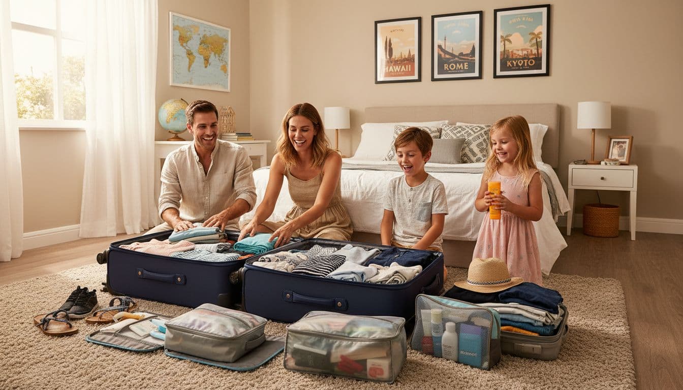 Family packing smart for an all-inclusive vacation in 2026 with kids helping