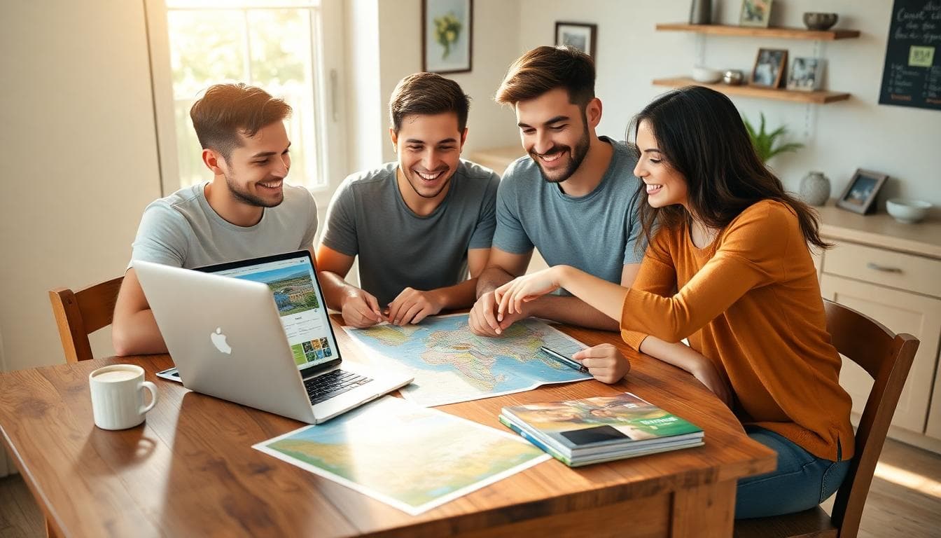 Group planning a budget-friendly spring break 2026 at the kitchen table, laptop open with travel ideas