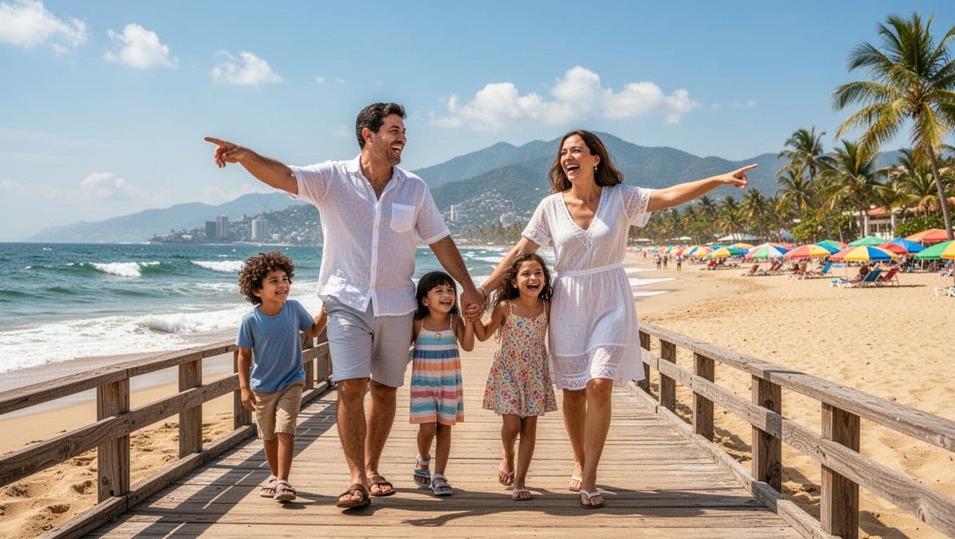 A joyful family of four walks hand-in-hand along the sunny boardwalk in Puerto Vallarta