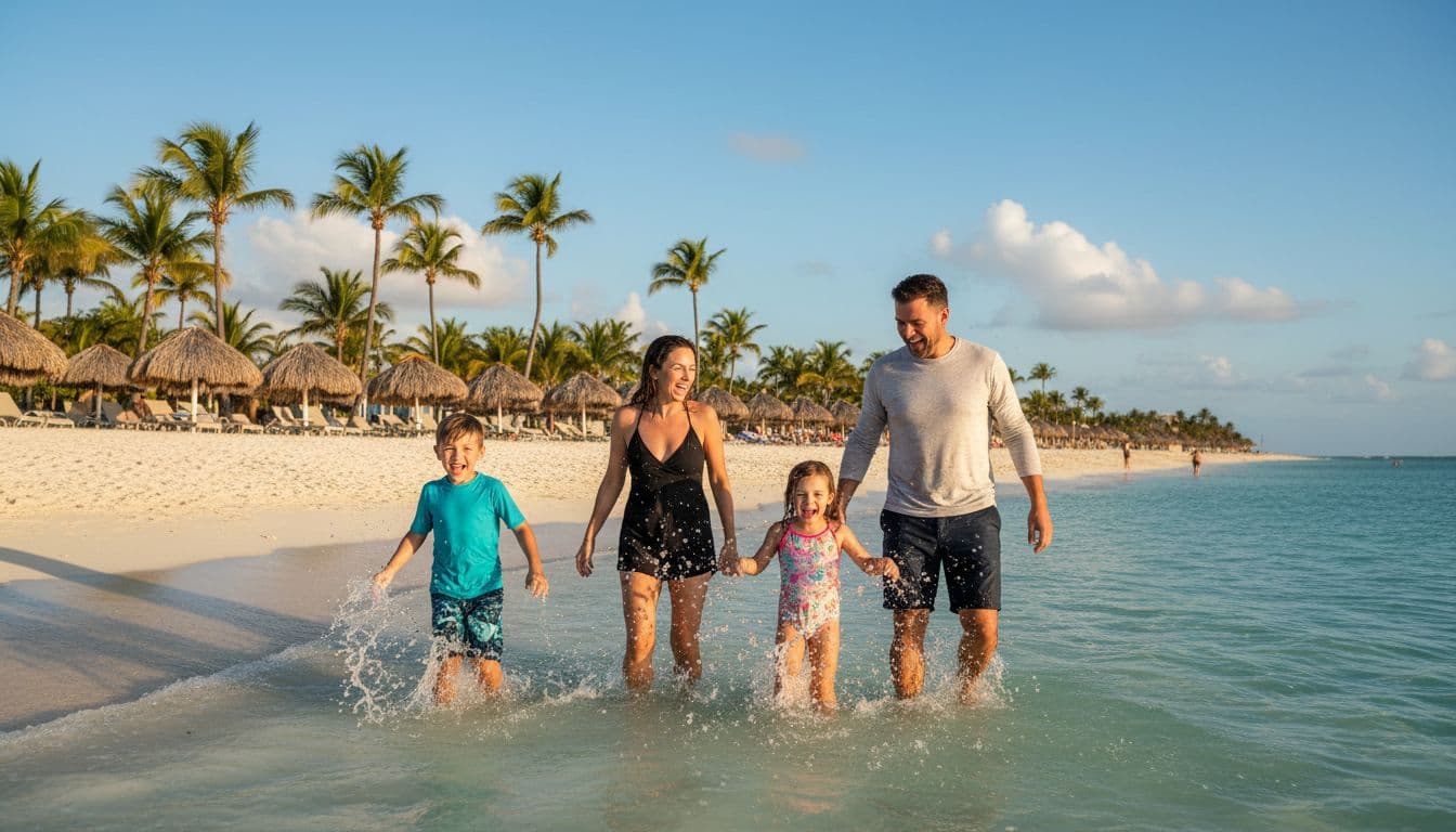 Happy family splashing in shallow turquoise water at a Punta Cana beach all-inclusive resort in 2026