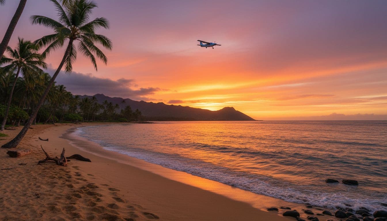 Hawaiian beach at sunset with palm trees, calm ocean waves, and small airplane flying low toward island.