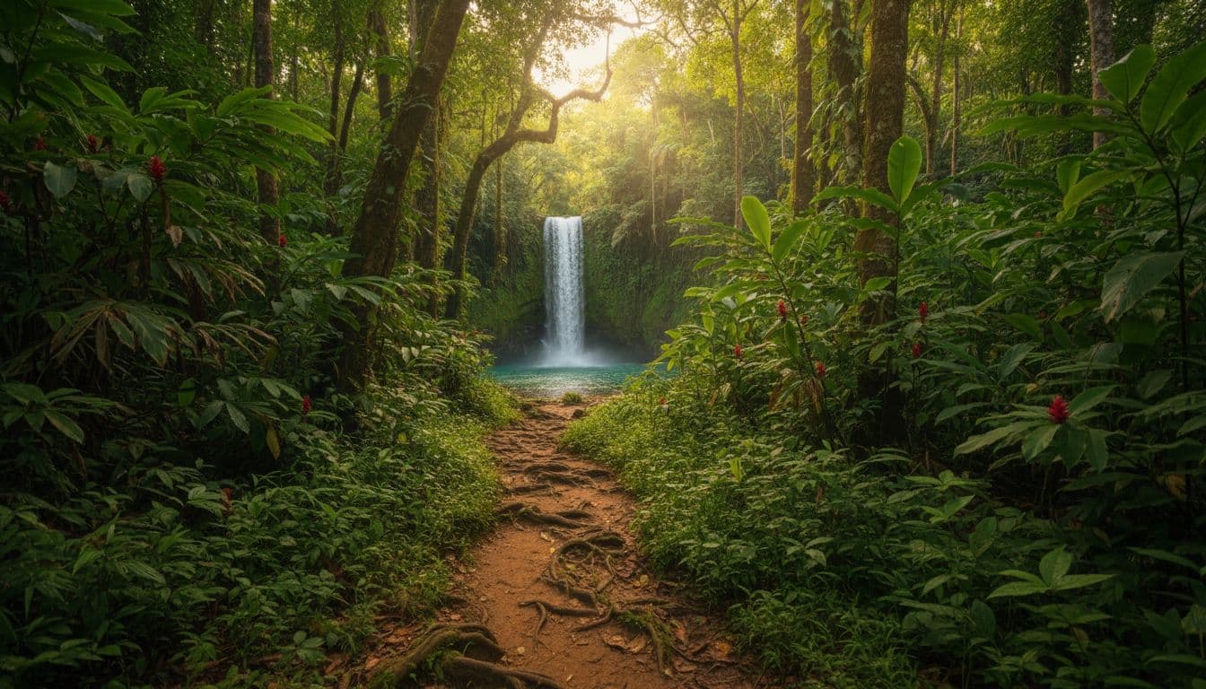 A dense path winds through vibrant tropical foliage leading toward a secluded waterfall hidden deep in the jungle with golden sunlight filtering through canopy illuminating large green ferns.