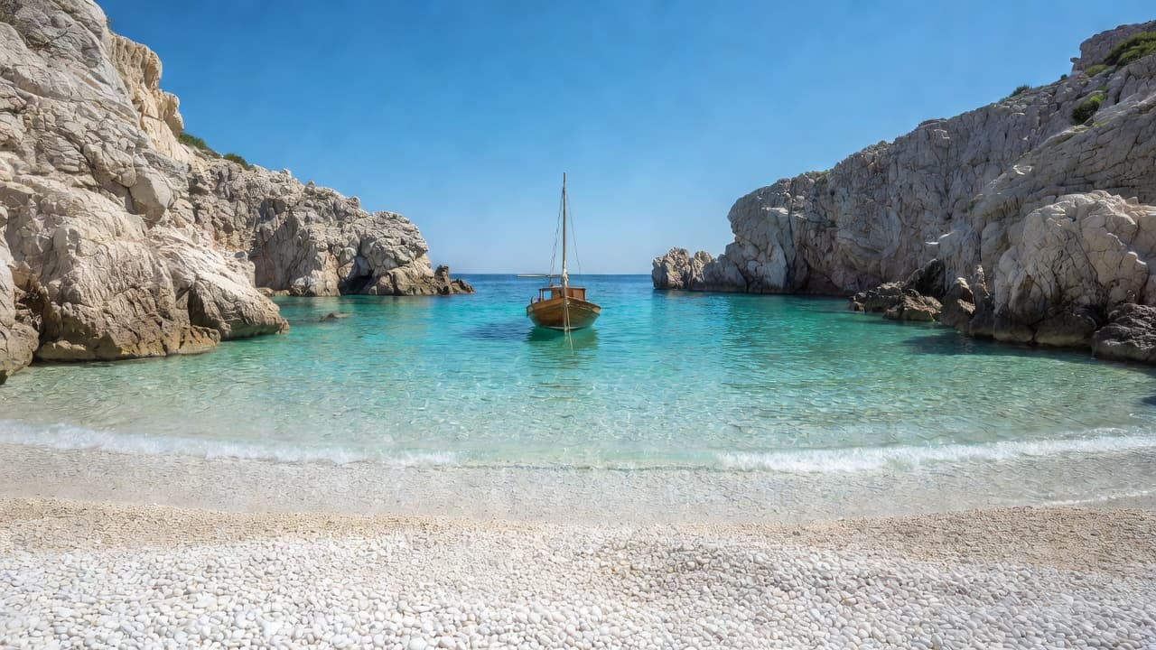 A single weathered wooden boat floats in a serene turquoise bay sheltered by dramatic limestone cliffs with white pebble shores and crystal clear Mediterranean waters.