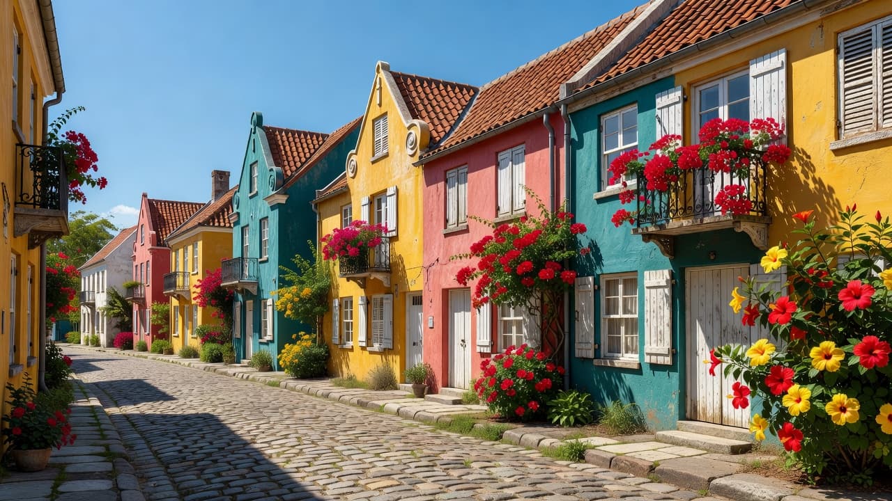 Vibrant colonial buildings with pastel facades line a narrow cobblestone street in Christiansted with lush tropical flowers spilling from wooden planters against a blue sky.