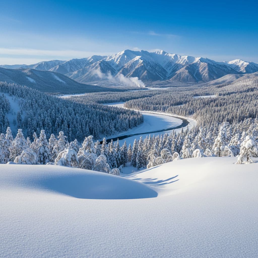 Hokkaido winter landscape with deep snow, cedar trees, and mountain hot springs during peak Japan snow season 2026