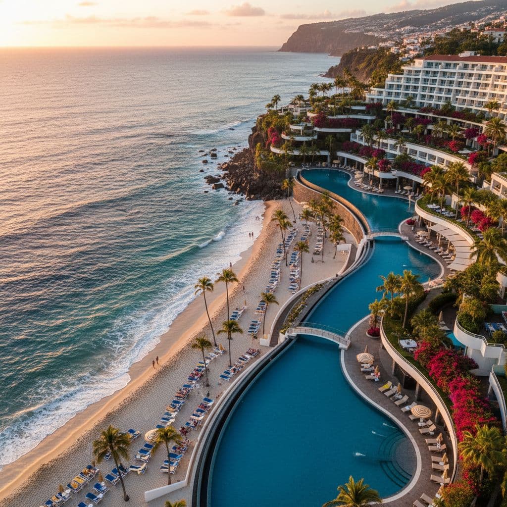 Hotel Riu Madeira aerial view of beachfront resort at sunset in Madeira