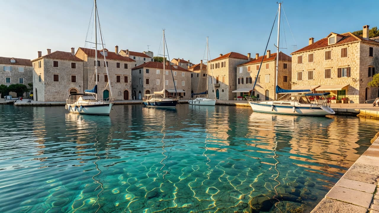 Vibrant turquoise water fills the harbor where white sailboats are moored near ancient limestone buildings with warm afternoon sunlight illuminating Mediterranean architecture.