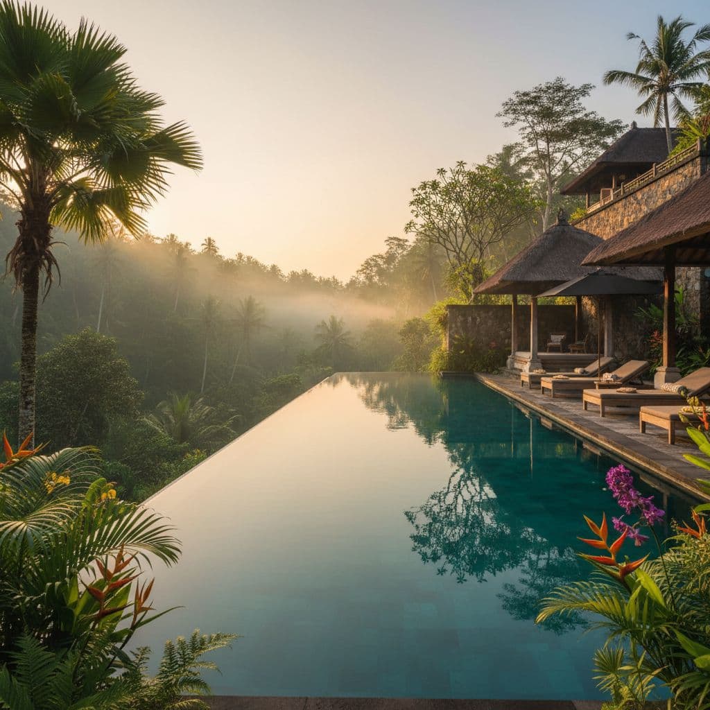 An infinity pool overlooks a misty Balinese jungle valley at sunrise.