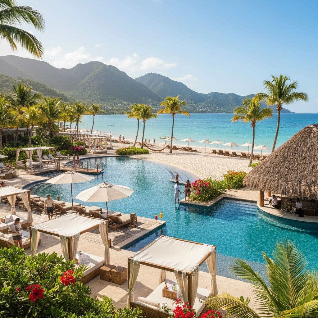 Adults-only luxury beach resort in Jamaica with overwater bungalows and turquoise ocean