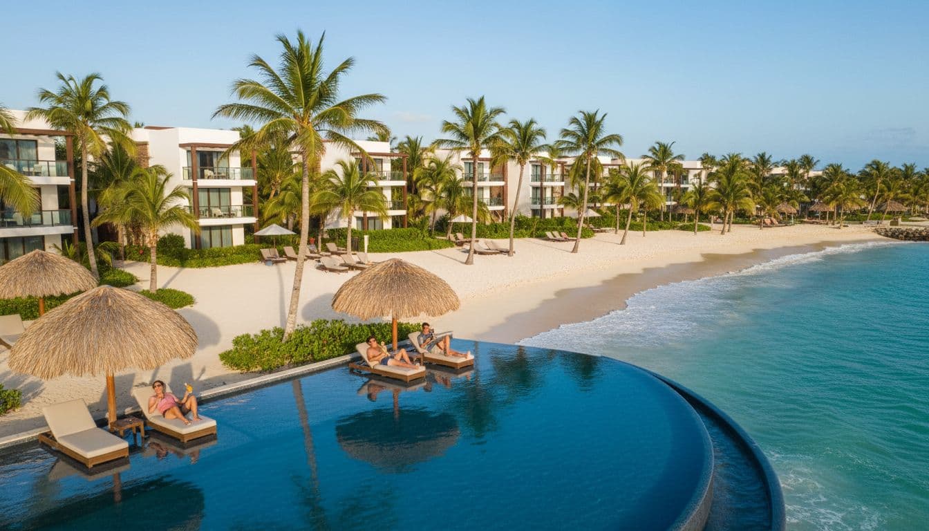 Aerial view of Jamaican beachfront resort with turquoise waves on white sand, swaying palms, infinity pool, two couples on lounge chairs under umbrellas, modern buildings, sunny blue skies.