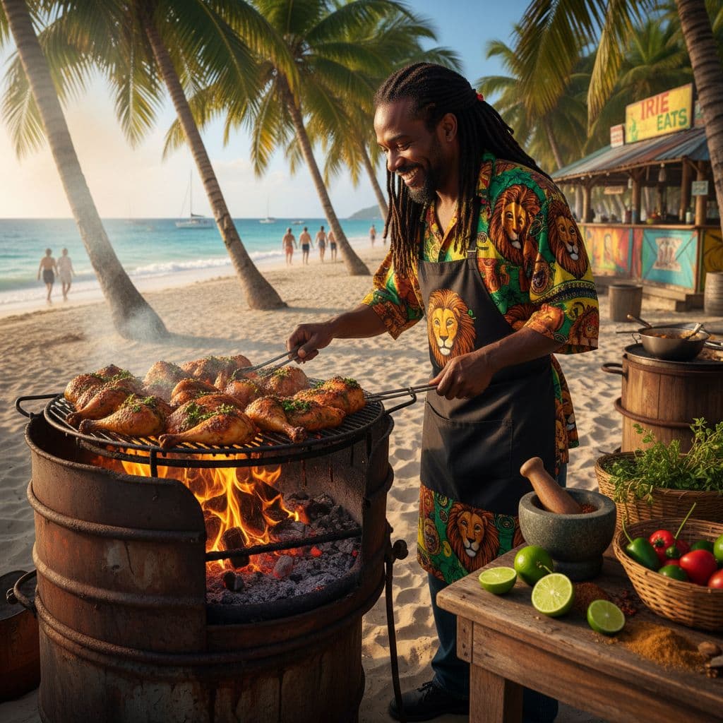 Jamaican chef grilling jerk chicken on Montego Bay beach with ocean view
