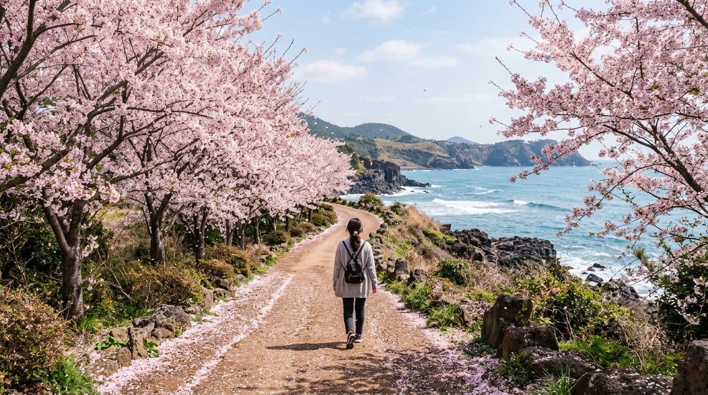 Cherry blossom trees in full bloom line a coastal path on Jeju Island, South Korea