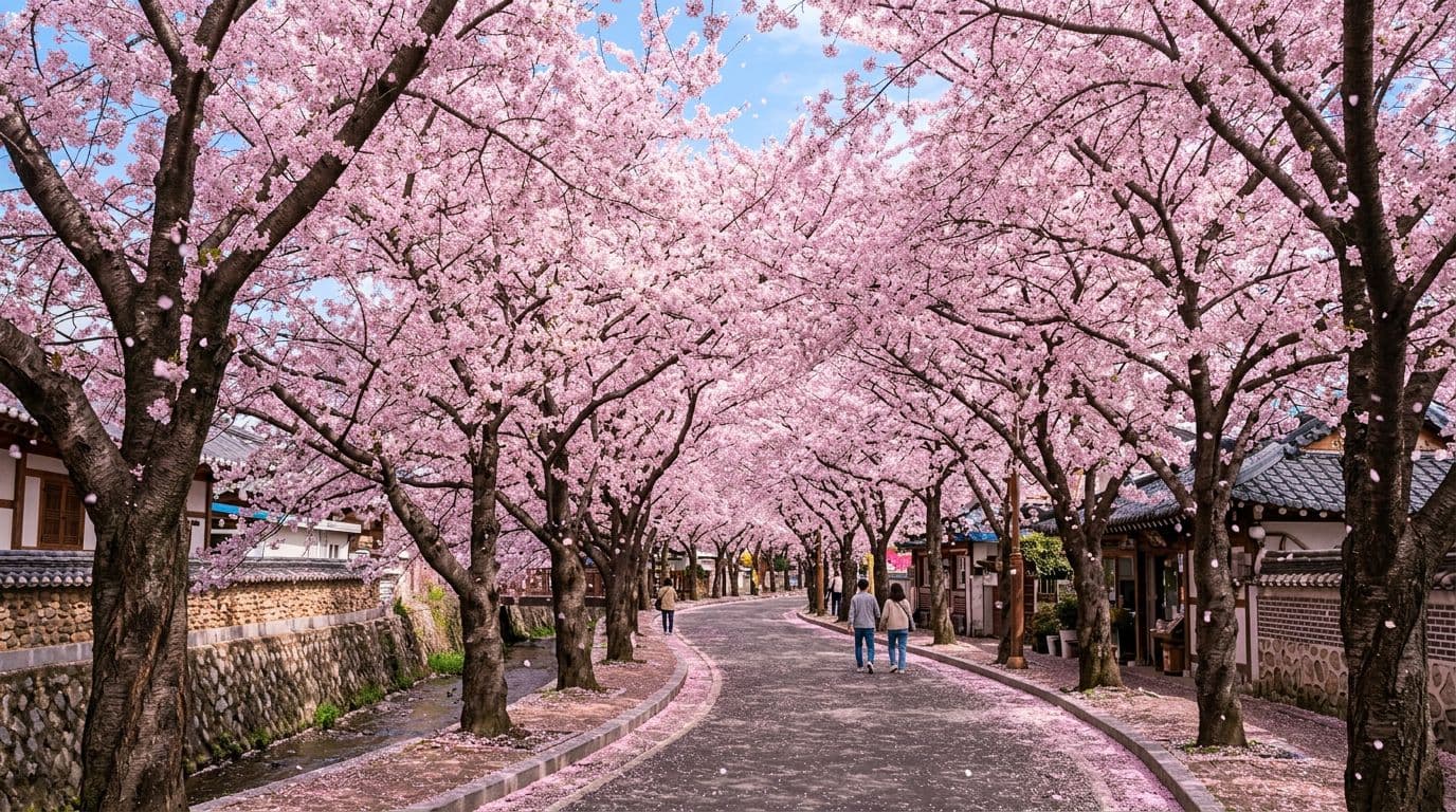 Cherry blossom trees form a dense pink tunnel over a narrow street in Jinhae, South Korea