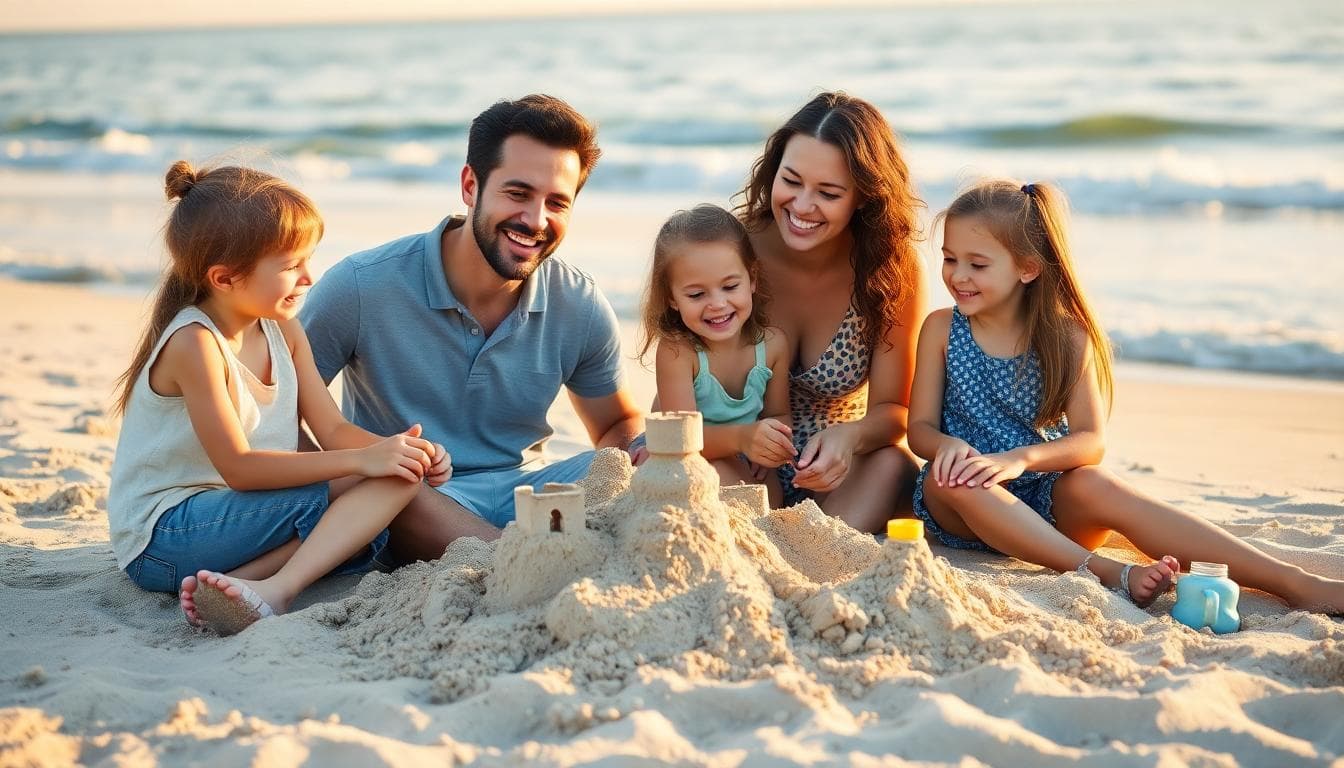 Group laughing on the beach, building sandcastles during spring break, capturing affordable moments