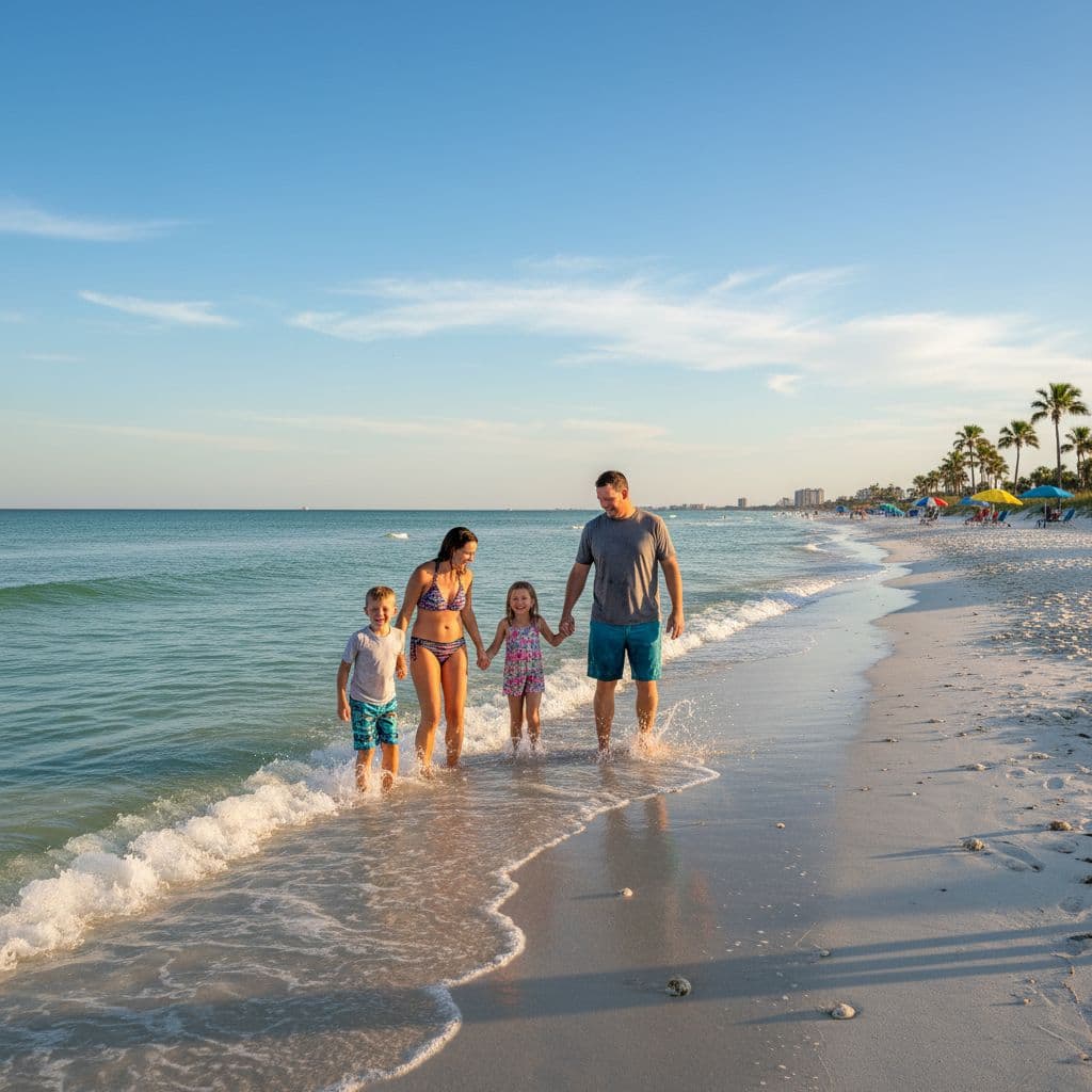 Family splashing in the waves at Panama City Beach during sunset, affordable spring break fun