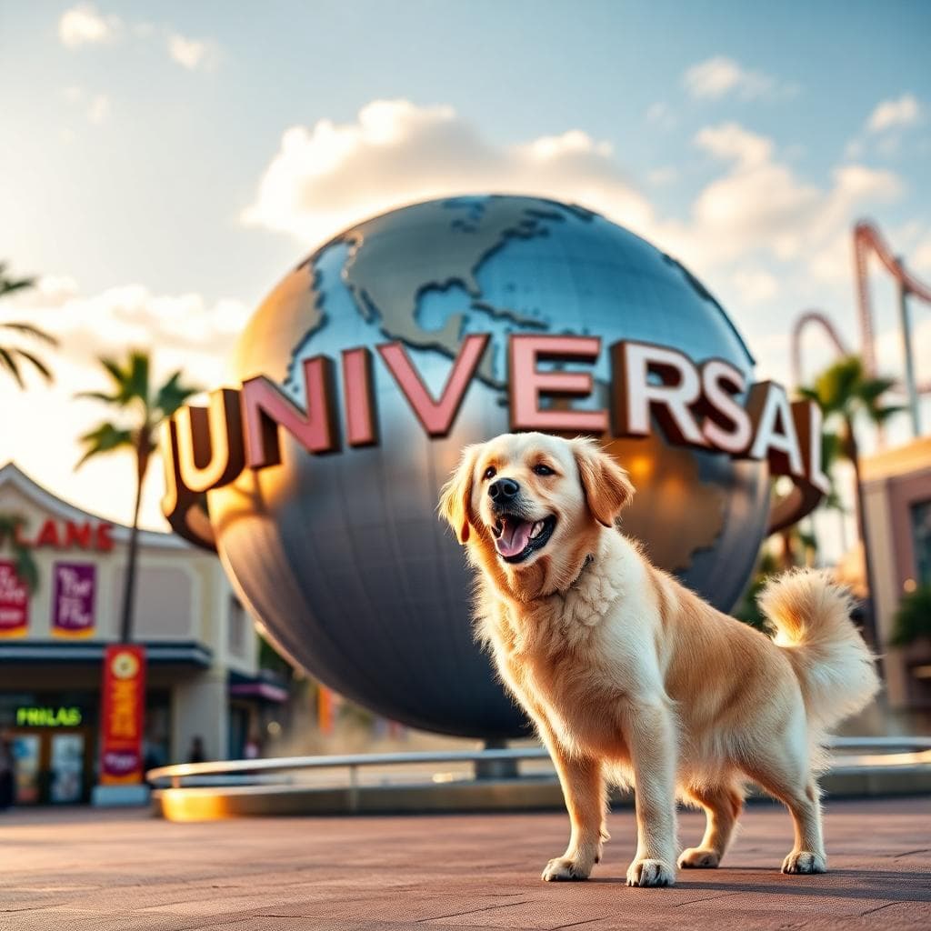 Joyful golden retriever near Universal Orlando entrance