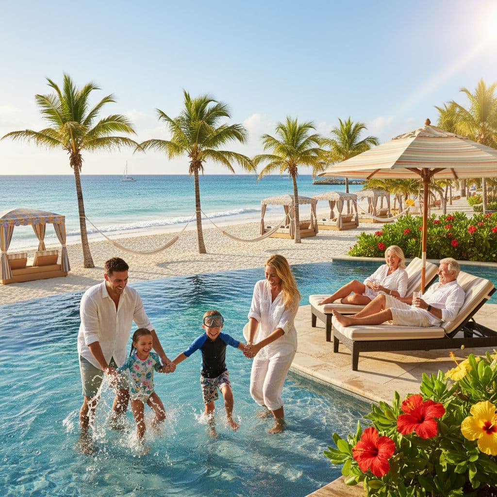 Multi-generational family enjoying a large resort pool at an all-inclusive Caribbean resort in 2026