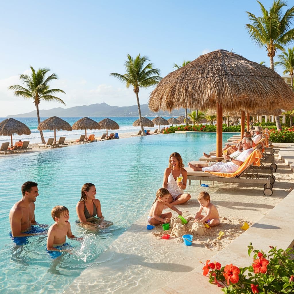 Joyful multigenerational family enjoying a Jamaican beach resort with kids clubs and water slides
