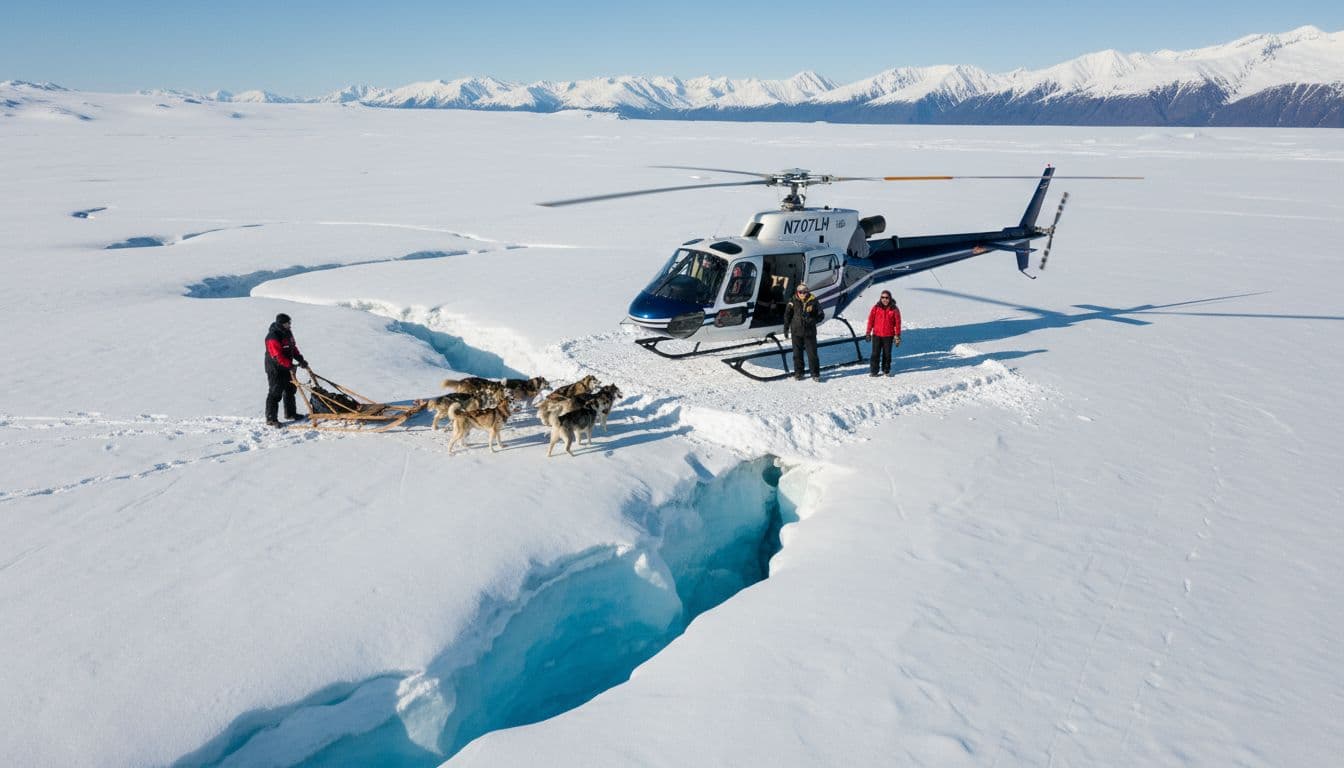 A helicopter lands on the vast glacier of Juneau Icefield in Alaska as a professional musher with sled dogs waits nearby; one pilot and two passengers step out amid stunning blue ice crevasses, expansive white snow, clear skies, and distant mountains.
