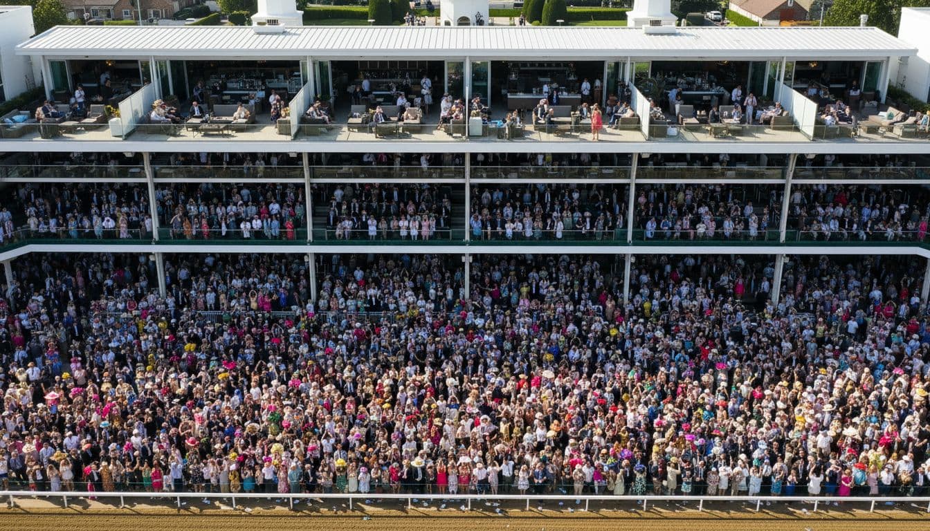 Photorealistic aerial overview of Churchill Downs during Kentucky Derby weekend, distinctly showing crowded general admission infield, reserved grandstand seats, and elevated hospitality suites with vibrant crowds in colorful attire under sunny skies.
