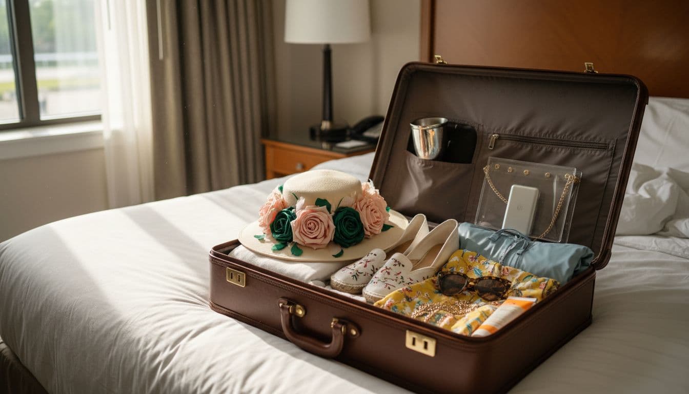 Open suitcase on a hotel bed packed with one person's Kentucky Derby essentials: elegant fascinator, walking shoes, rain jacket, phone charger, clear bag, sunglasses, sundress, sunscreen, and mint julep cup, in photorealistic spring morning light.