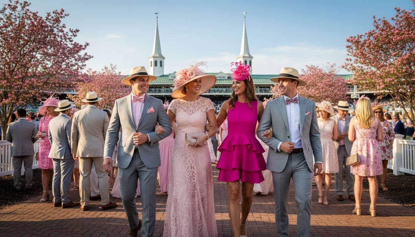 A happy group of exactly four elegantly dressed people walks together towards Churchill Downs gates on a sunny spring afternoon for Kentucky Oaks Day, with women in pink dresses and large hats, men in suits and bow ties, and grandstands visible in the background.