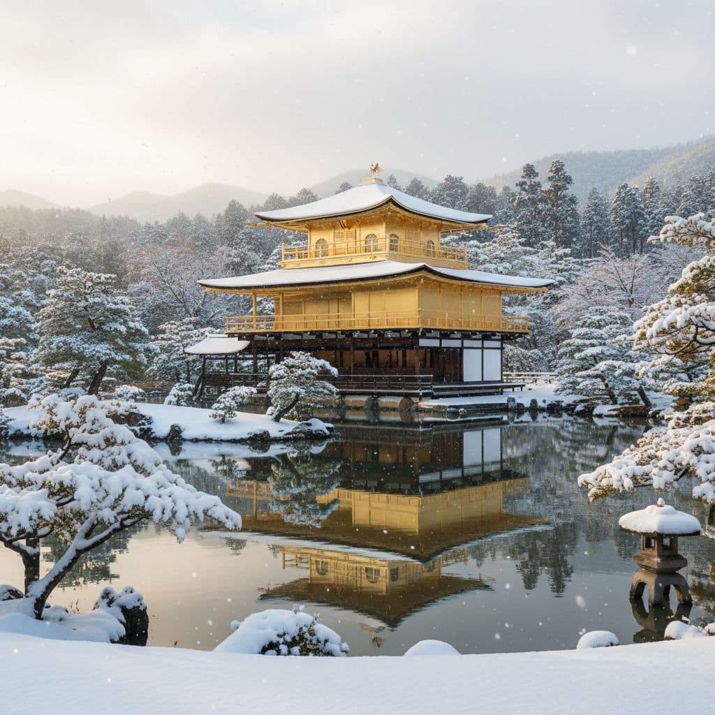 Kinkaku-ji Golden Pavilion in Kyoto covered in fresh snow during a quiet winter morning in Japan 2026