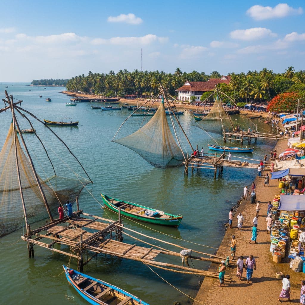 Panoramic view of Chinese fishing nets in Kochi at golden hour