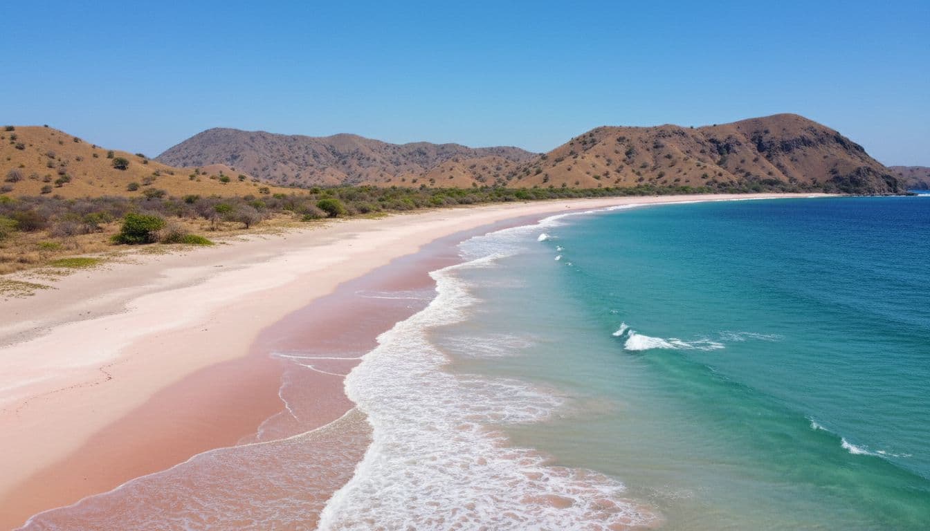 Pink sand beach with turquoise waves lapping shore, distant volcanic hills, and dry savanna under clear sky.