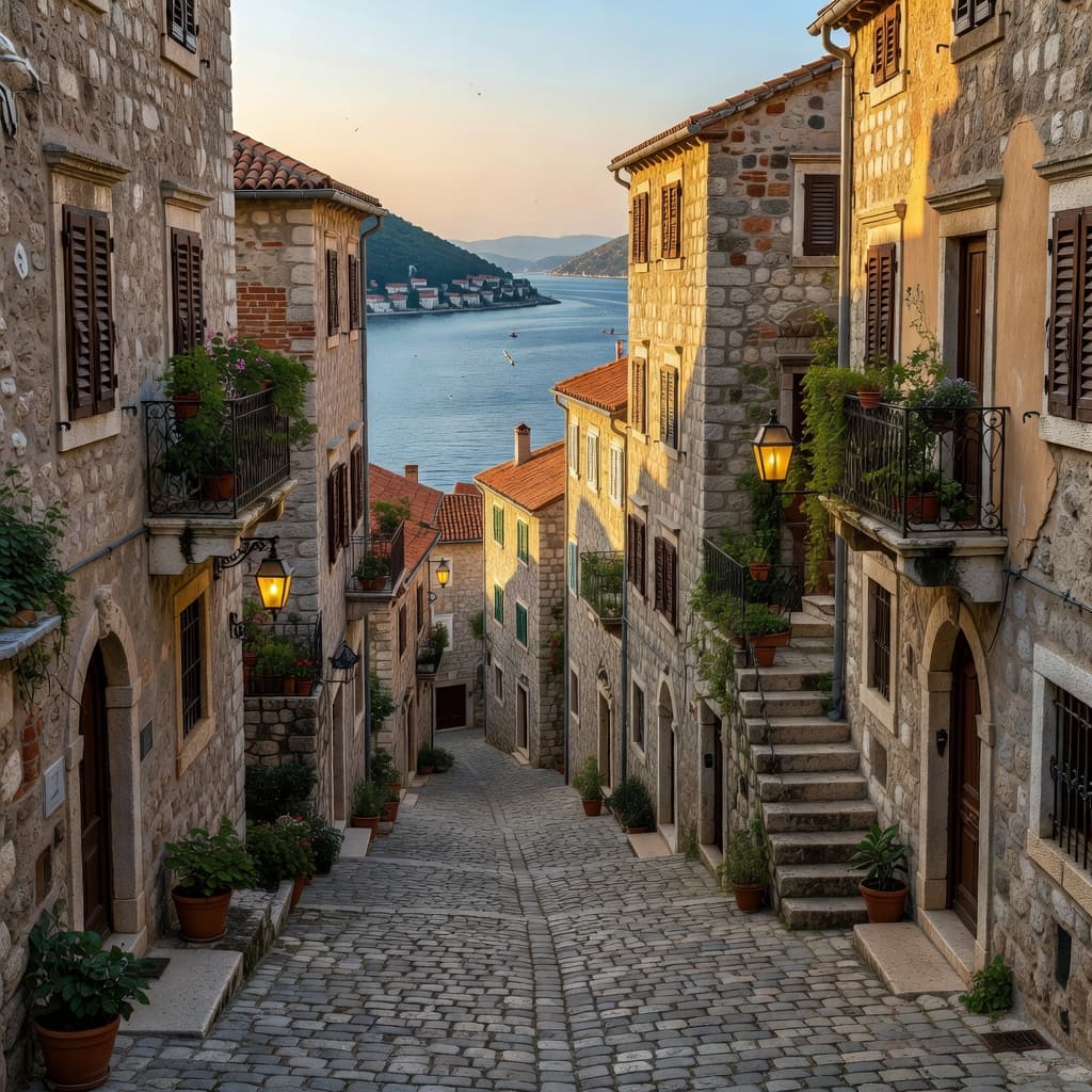 Kotor old town views showing medieval stone architecture and the stunning Bay of Kotor surrounded by towering mountains.