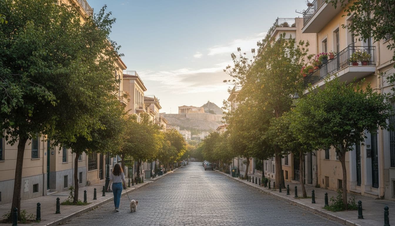 Quiet residential street in Athens' Koukaki neighborhood with Acropolis view