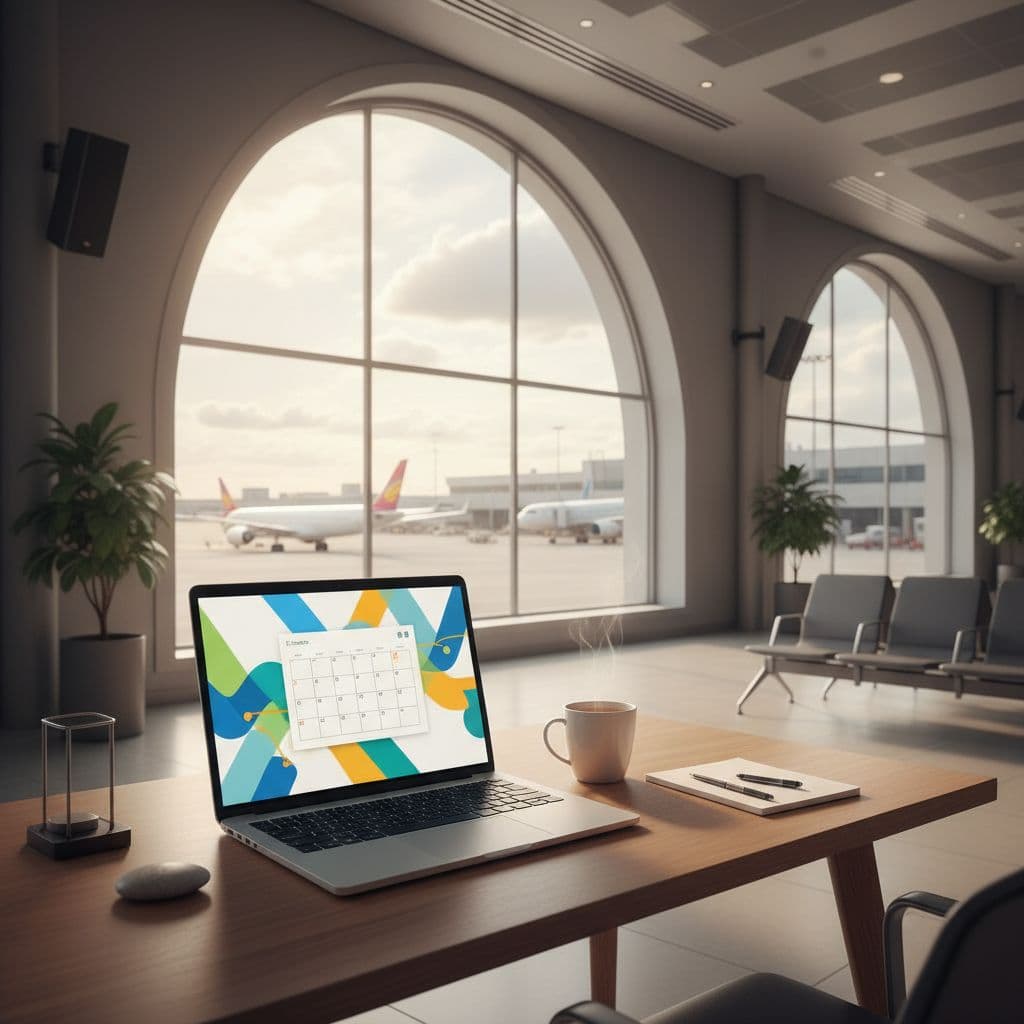 A laptop sits on a desk by a window inside an airport terminal.