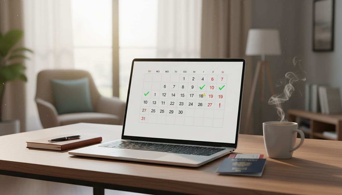 A laptop screen displays a day-by-day calendar counting down from 30 to 1 days with flight booking checklists, green checkmarks, and red warnings, set in a cozy home office with a coffee mug and passport nearby in soft morning light.