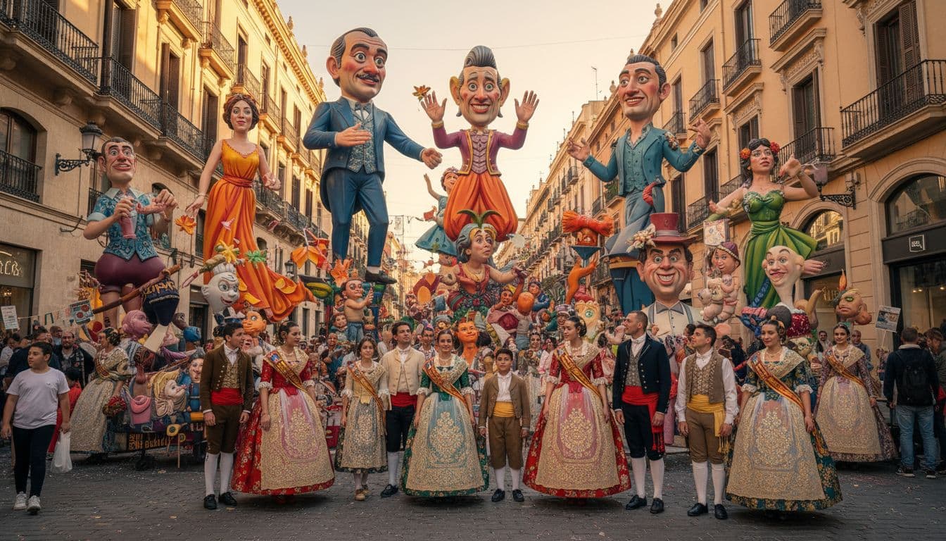 Crowded Valencia street with towering giant colorful satirical papier-mache falla sculptures, people in traditional clothing admiring them amid vibrant Mediterranean atmosphere on a sunny day.