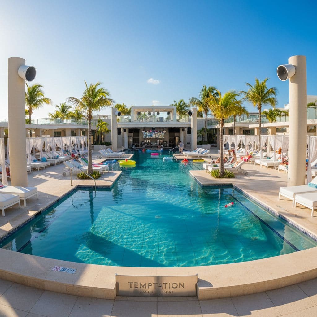 A bright, energetic resort swimming pool area designed for social gatherings and daytime entertainment.