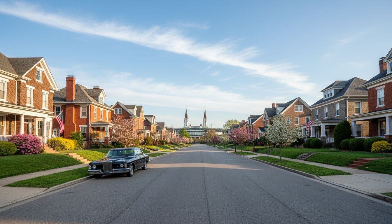 Serene suburban neighborhood street in Louisville Kentucky near Churchill Downs racetrack on a clear spring morning with historic homes manicured lawns American flags and distant twin spires.