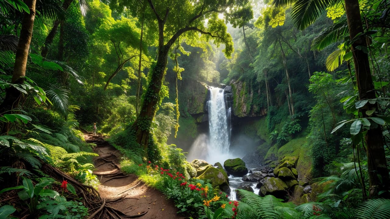 A vibrant tropical waterfall cascades over mossy rocks into a clear pool surrounded by dense ferns and towering palms with golden sunlight filtering through the canopy.