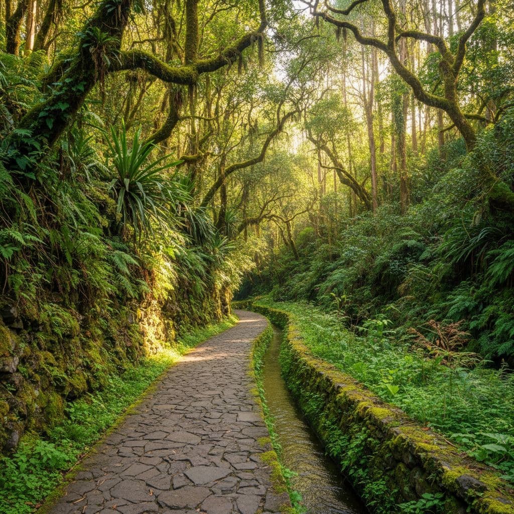 A stone path winds through a vibrant green forest with sunlight filtering through the canopy.