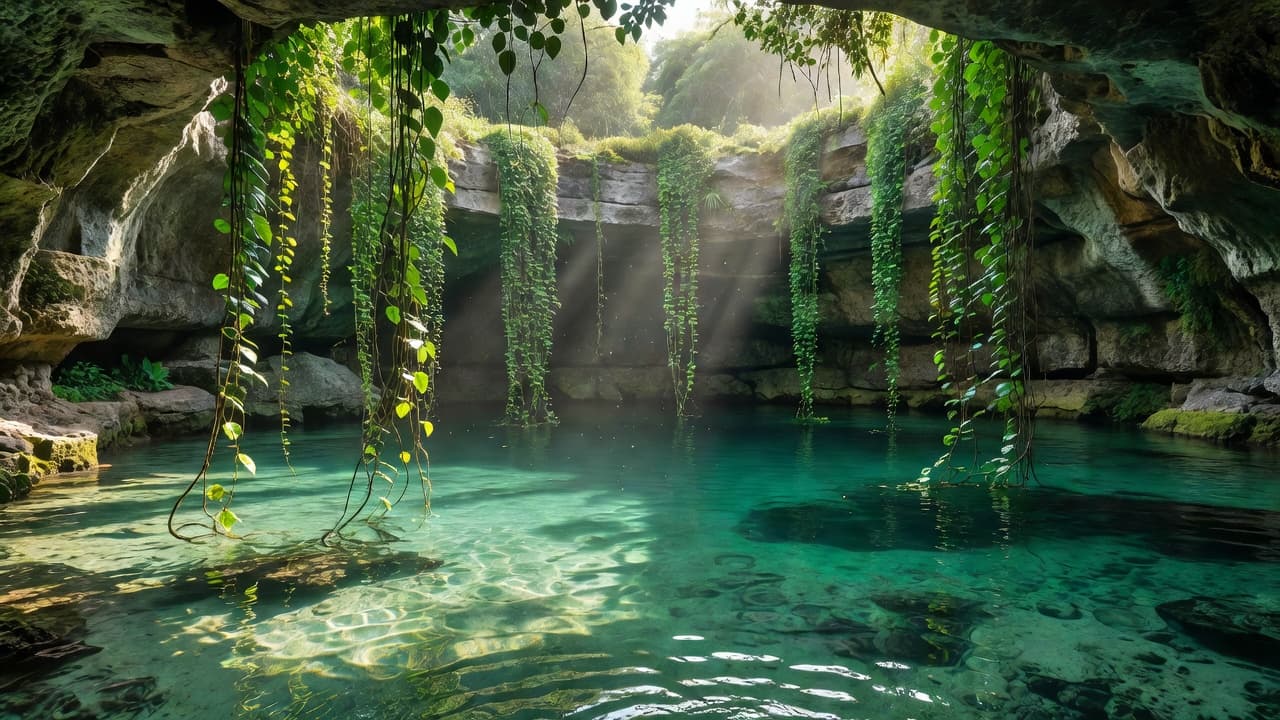 Vibrant green vines cascade from limestone rock walls into a serene pool of turquoise water with bright sunbeams piercing through the natural cavern opening.