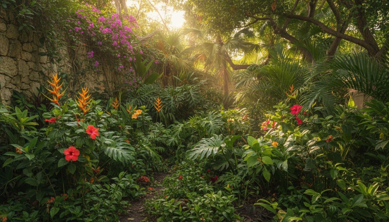 A dense Mexican garden features vibrant green foliage and flowers under soft, filtered sunlight.